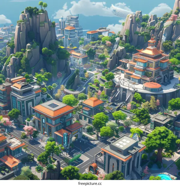 futuristic city illustration with mountains and a large temple