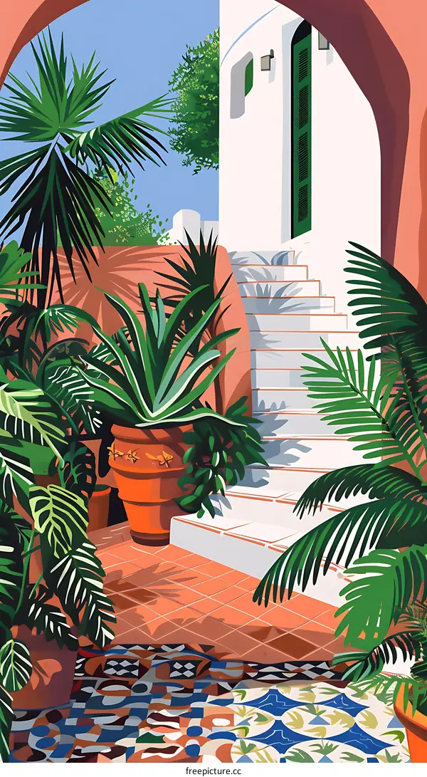 Tropical Patio With Stairs And Plants