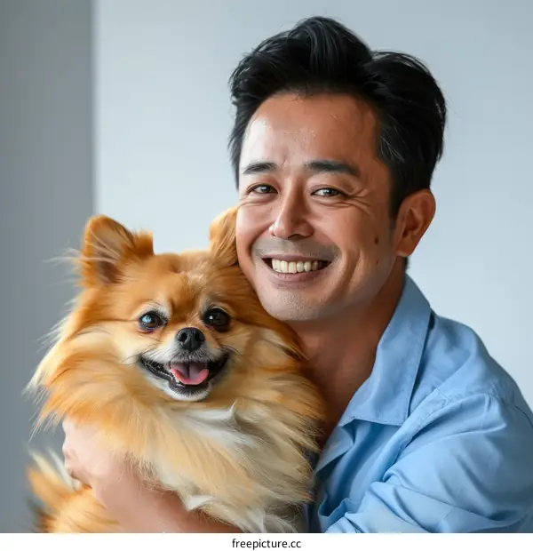 Asian man hugging a Pomeranian dog