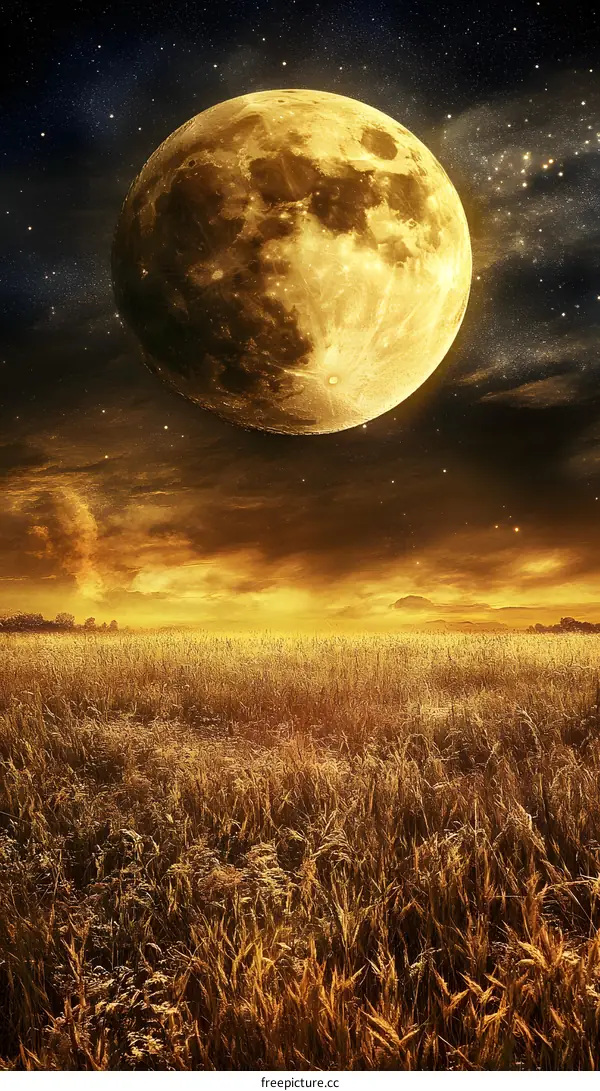 Full Moon over Golden Field with Stars