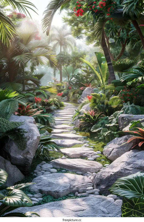 Stone path through a tropical garden