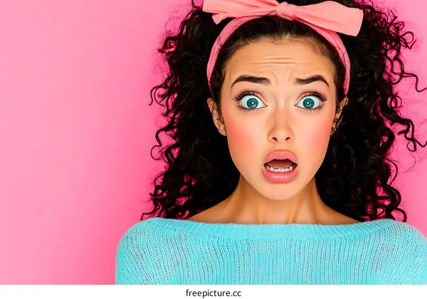 Portrait of a Surprised Woman with Pink Bow