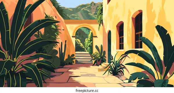 Mediterranean Courtyard with Palm Trees and Archway