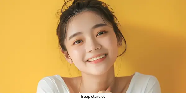 Smiling Asian Woman With Yellow Background