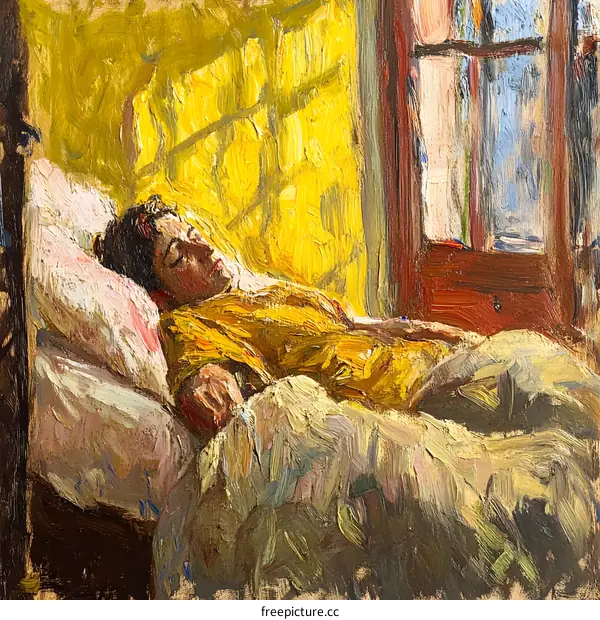 Woman Sleeping in Bed with Yellow Wall and Window