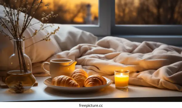 Cozy bedroom with croissants, coffee, and a candle