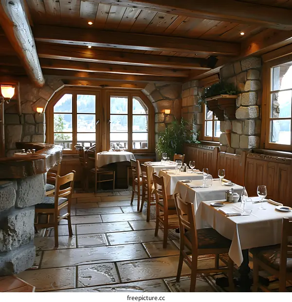 Rustic wooden restaurant interior with tables and chairs