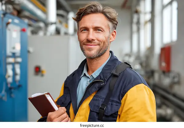 Factory Worker with Notes Smiling Portrait