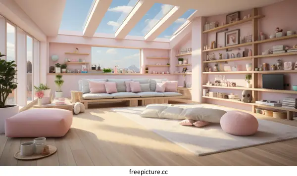 Cozy pink living room with large windows and a pink sofa