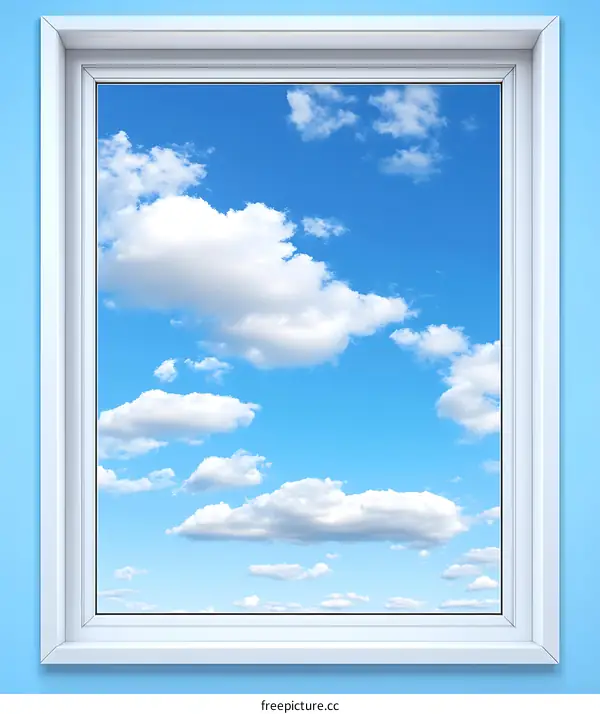 White Window Frame with Blue Sky and Clouds View