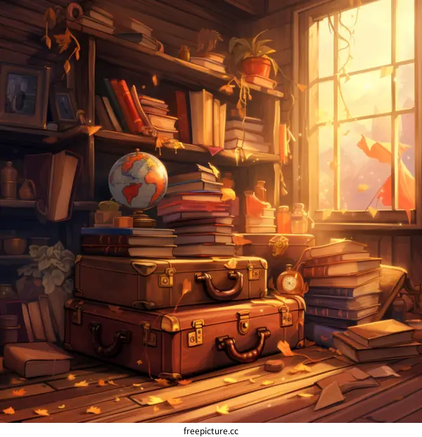 cozy study with books and suitcases
