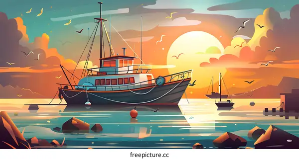 Sunset Landscape With Boats Docked In A Harbor