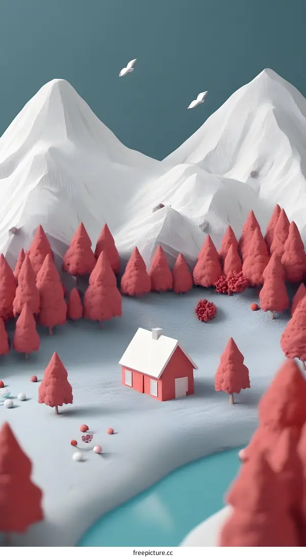 Winter Scene with Red Cabin and Snow Covered Mountains