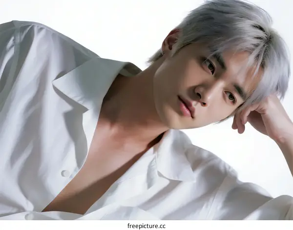 A young man with light gray hair wearing a white shirt poses casually