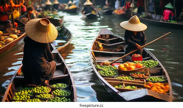A bustling floating market in Thailand with boats full of fresh produce