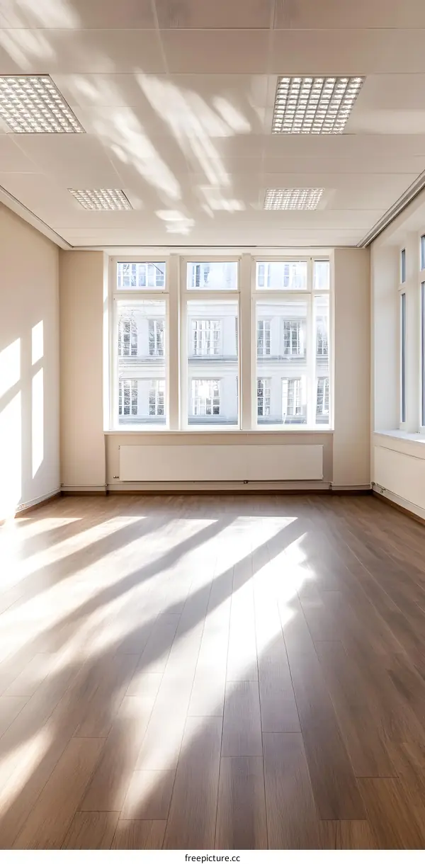 Empty Office Room with Big Windows and Sunbeams