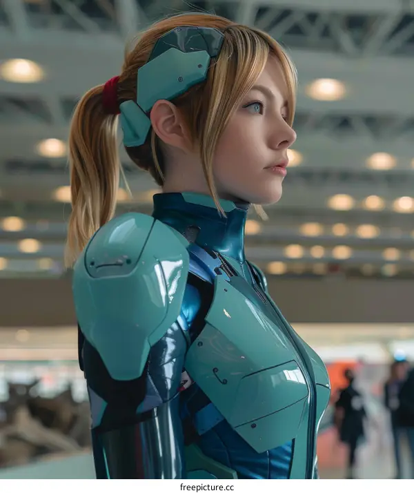 Portrait of a young woman in a blue and green bodysuit