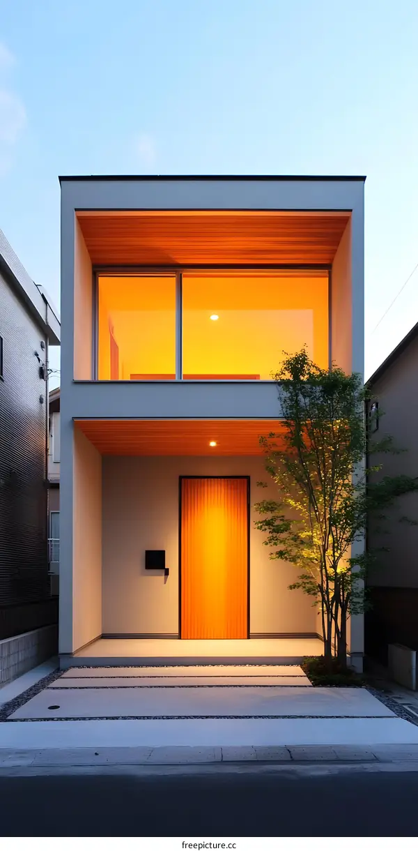 Modern Japanese House with Orange Door and Wooden Ceiling
