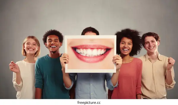 Diverse Group Holding a Picture of a Smiling Mouth