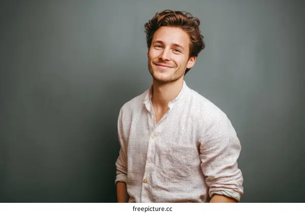 Smiling Caucasian Man in a Light Beige Shirt