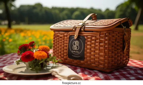 Luxury picnic basket with leather details and red checkered tablecloth