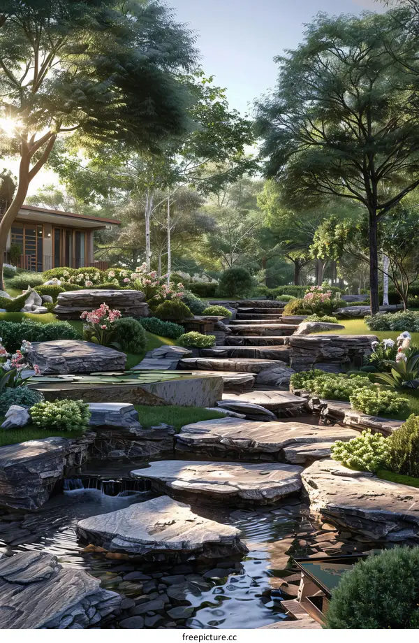 Peaceful Zen Garden Scene with Waterfalls and Stepping Stones