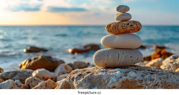 Stack of stones on the beach with the sea in the background