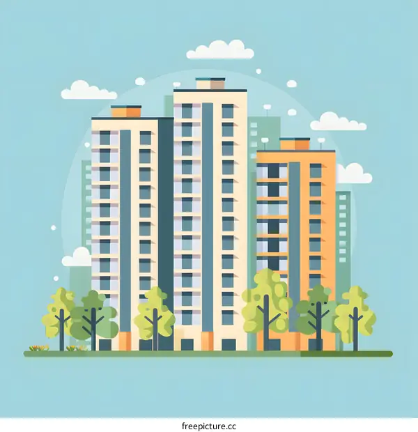 Illustration Of Modern Buildings With Green Trees