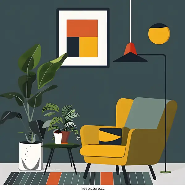 Modern Minimalist Living Room Illustration with Plants and Armchair