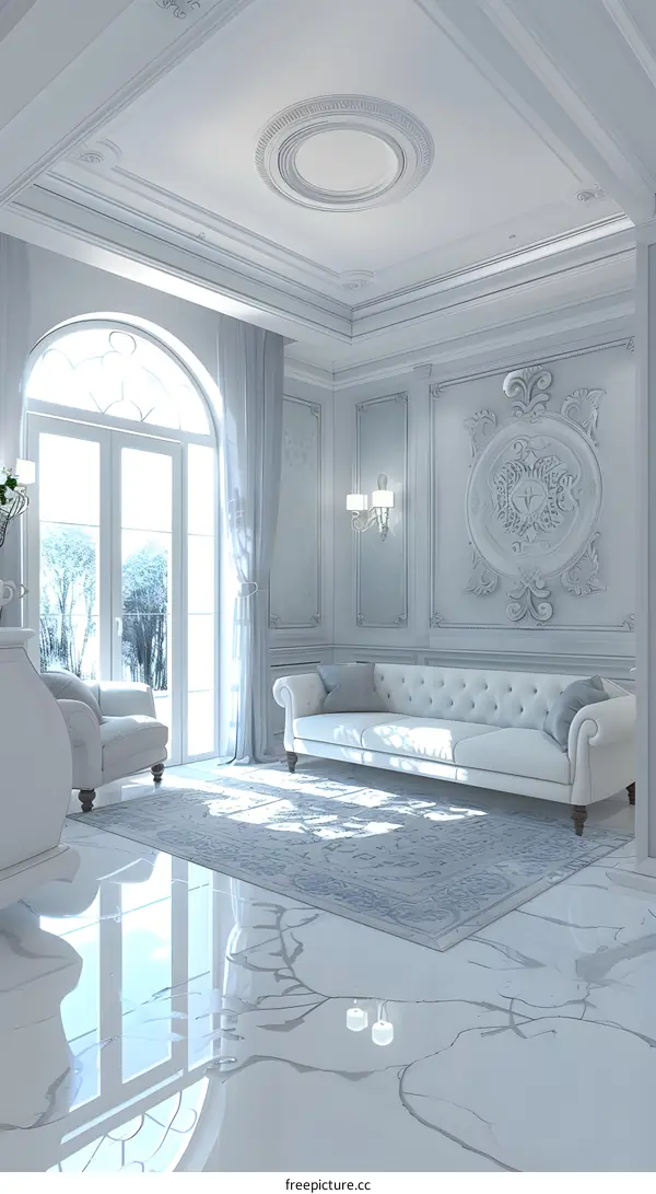 White Interior Design with White Sofa and Marble Floor