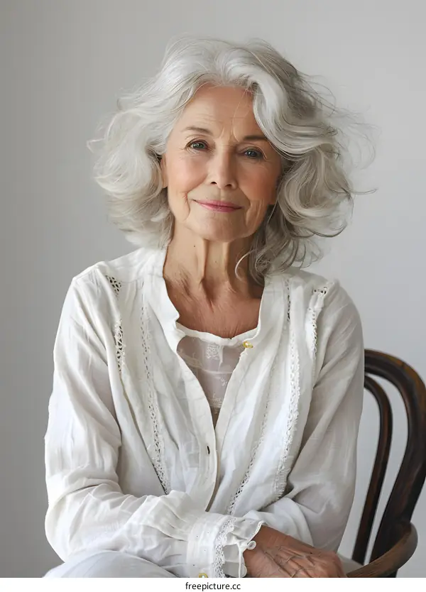 Portrait of a Senior Woman with Grey Hair Wearing a White Blouse