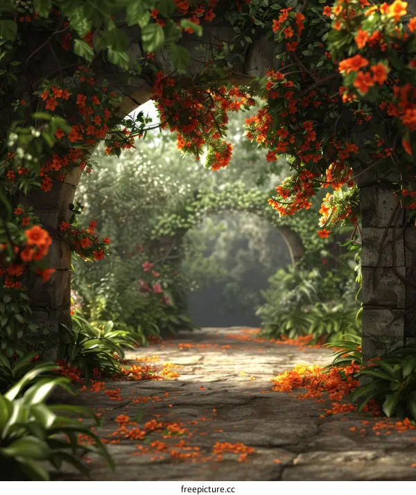 Stone archway in a magical garden