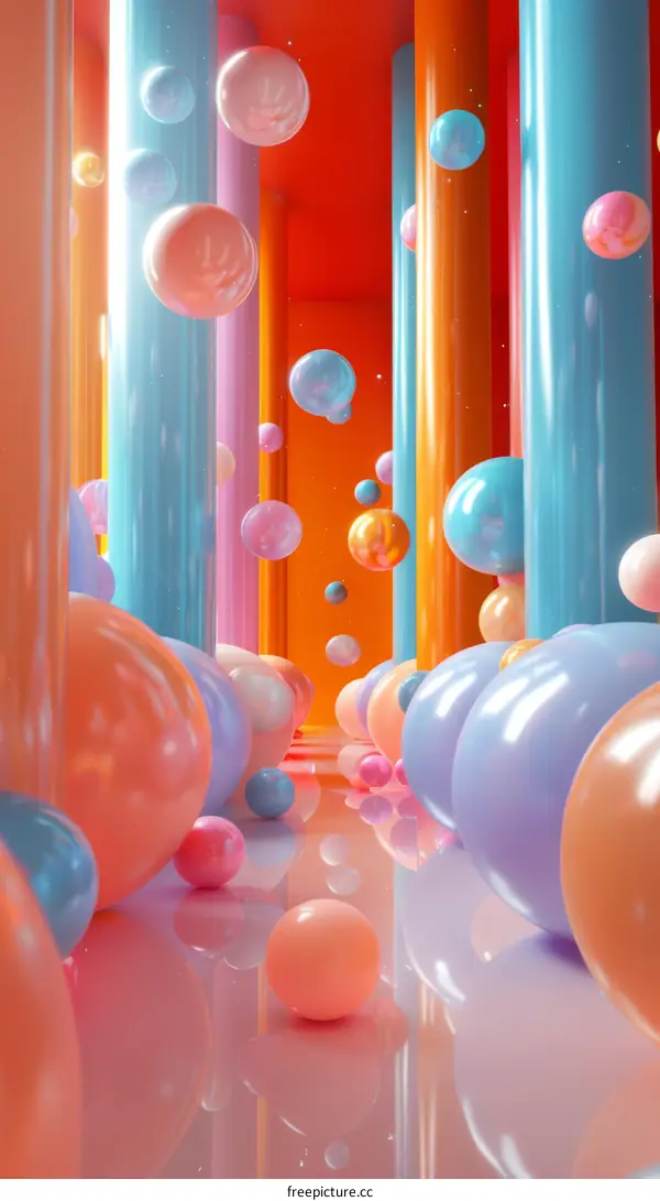 Colorful Spheres Floating in a Hallway