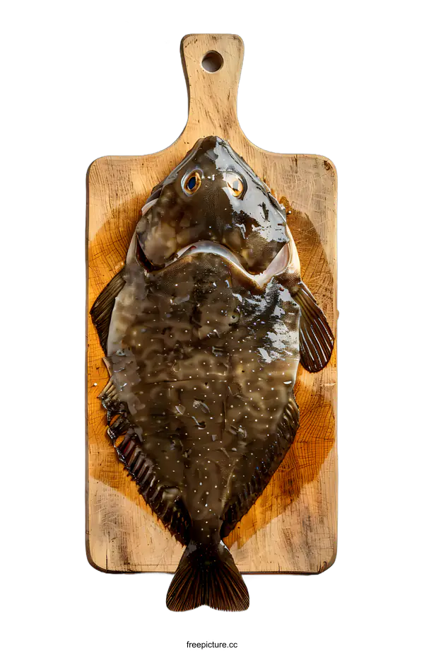 [Transparent Background PNG]A large fish with a funny face is on a wooden cutting board