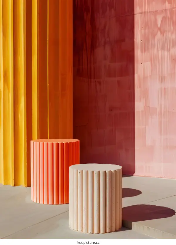 Two Cylindrical Stools Against a Yellow and Red Wall