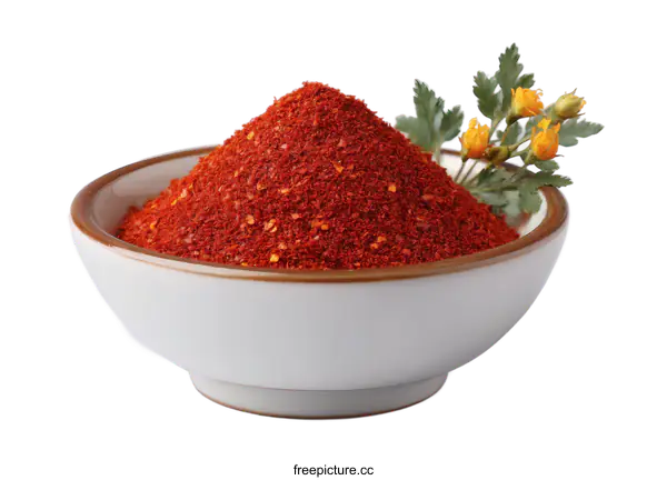 [Transparent Background PNG]Red Chili Powder in a Bowl with Herbs