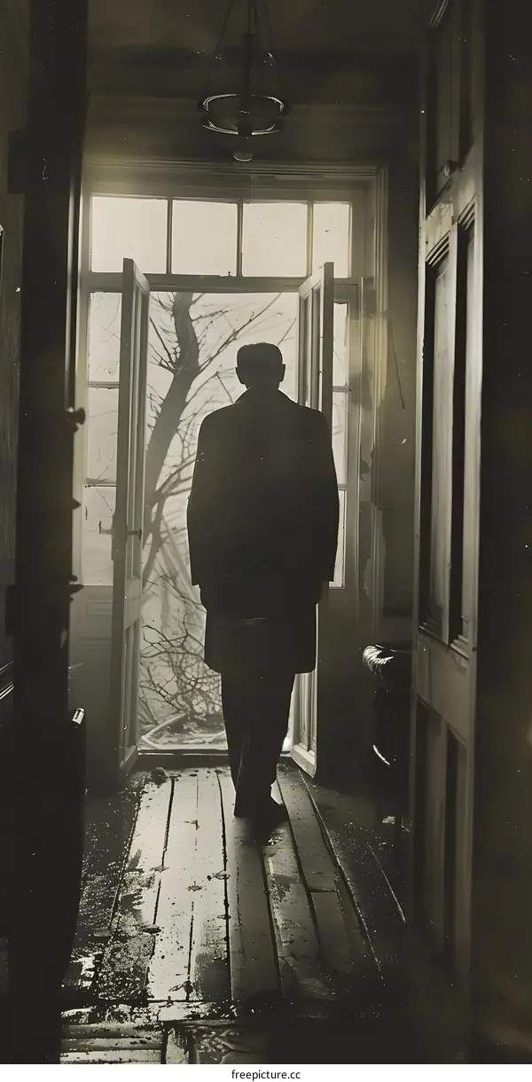 Man walking towards the light at the end of a dark hallway