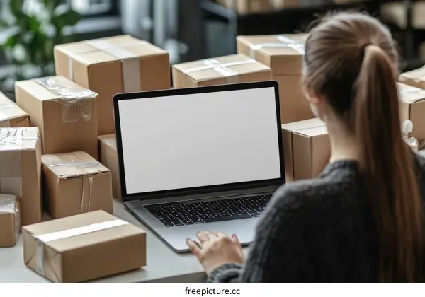 Woman Working on Laptop Surrounded by Cardboard Boxes