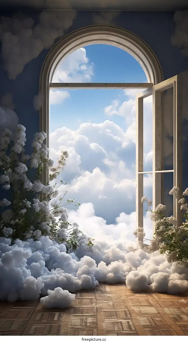 Surrealism painting of a room with a door open to the sky