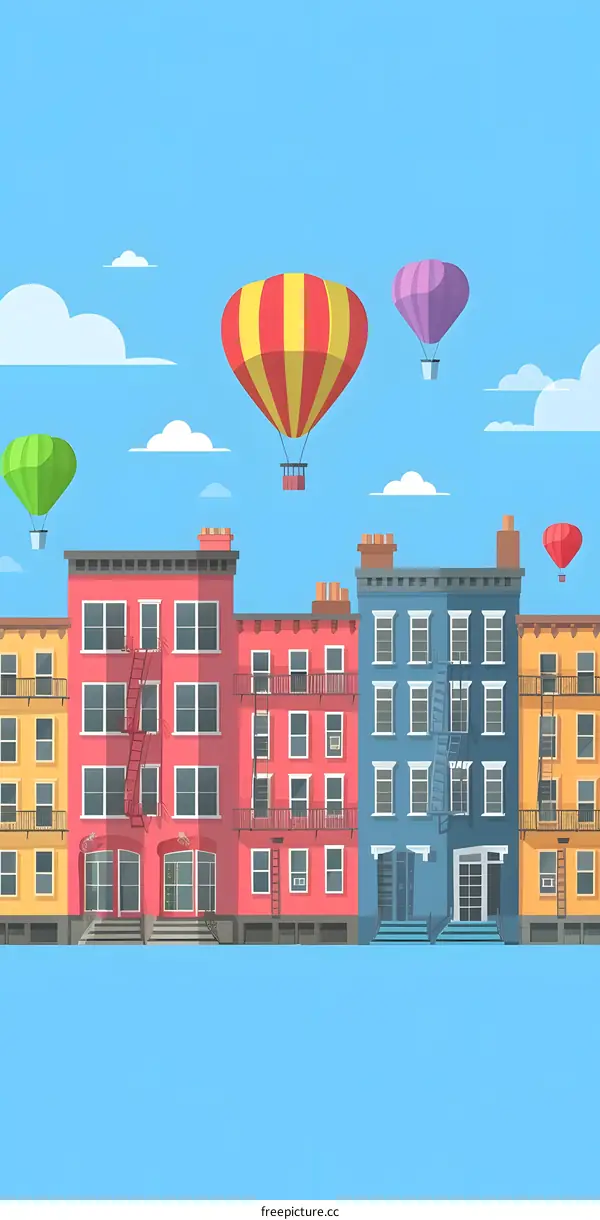 Colorful Buildings with Hot Air Balloons Illustration