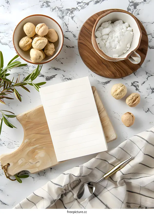 Blank Recipe Notebook On White Marble Background