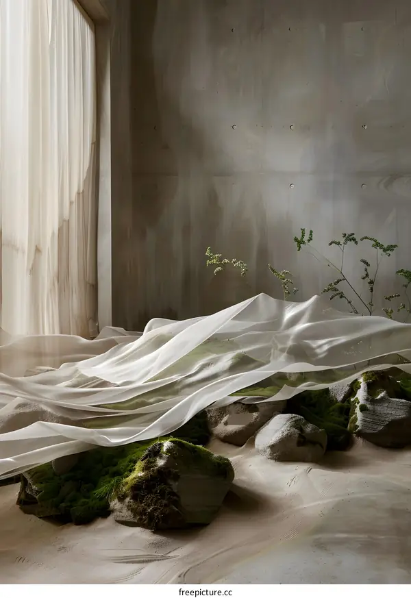 Minimalist Zen Garden with White Fabric and Green Moss
