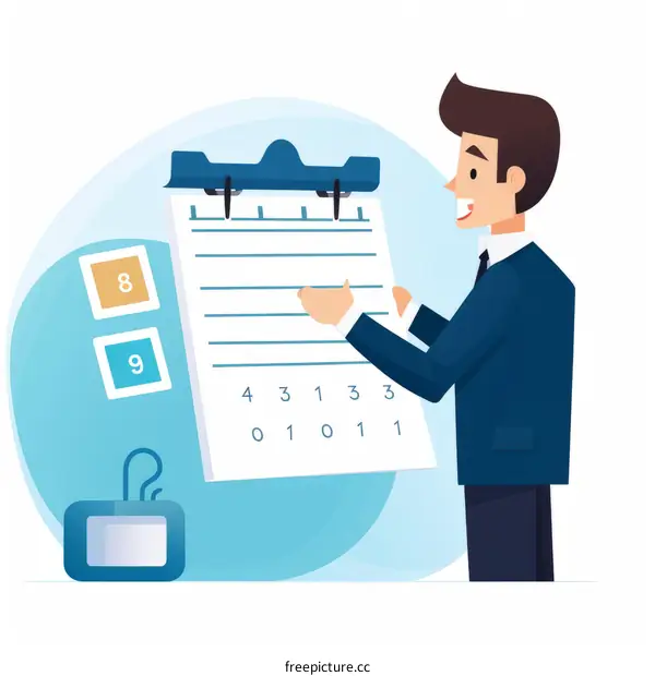 Businessman in suit showing clipboard with numbers