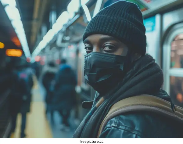 Man in Mask Riding Subway Car