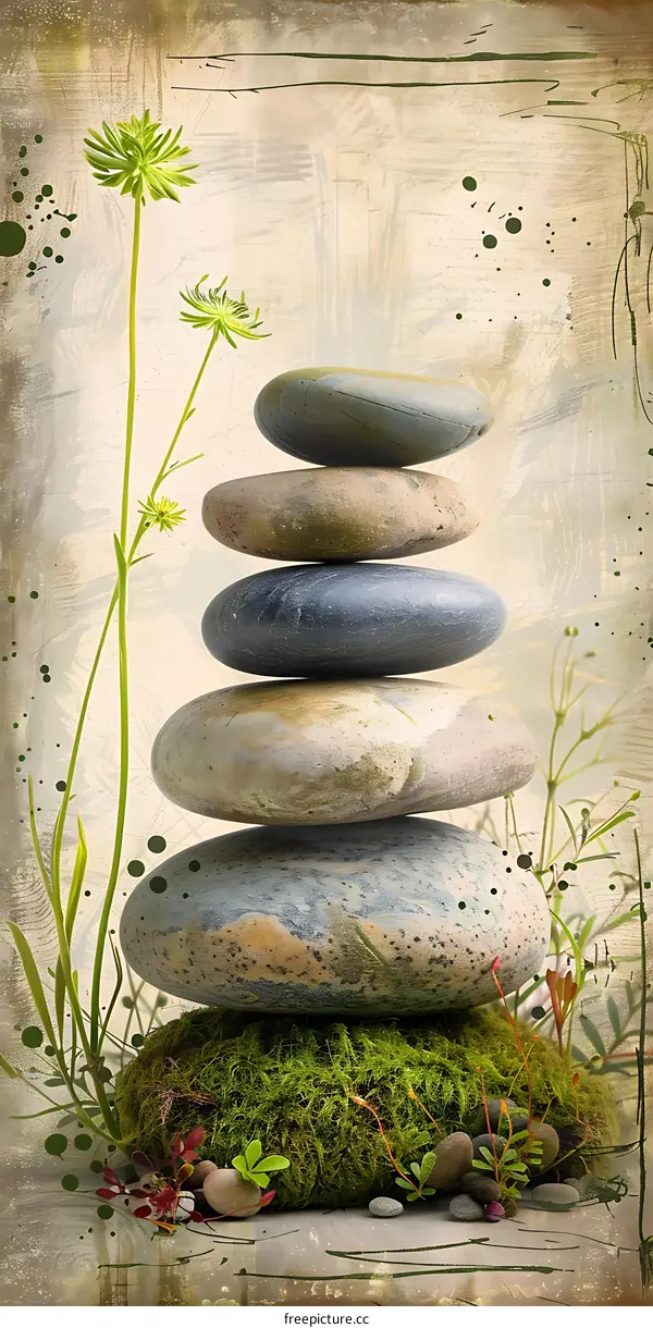 Stack of Stones with Green Plants and Moss