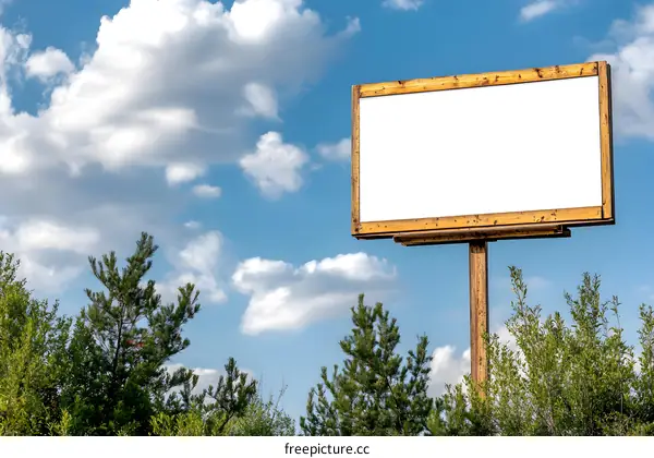 Blank Wooden Billboard Against Blue Sky With White Clouds