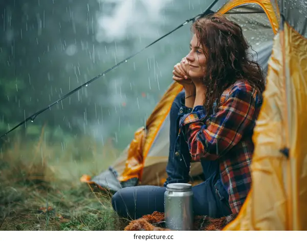 Young woman sitting in a tent and looking at the rain