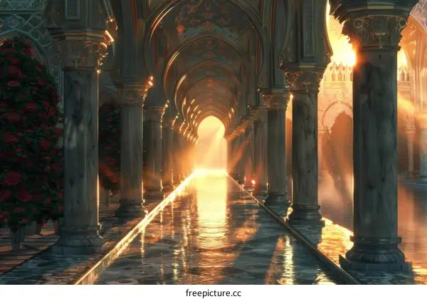 Fantasy Palace Interior with Water and Sunlight