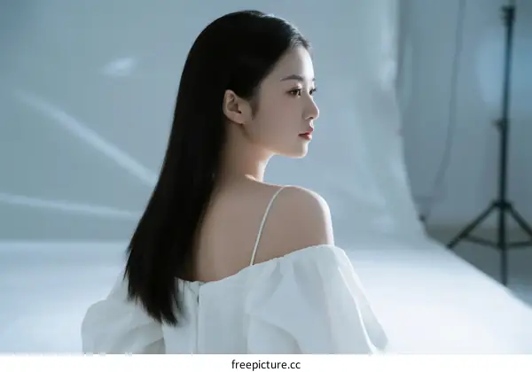 Elegant Woman with Long Black Hair Wearing White Off-shoulder Dress