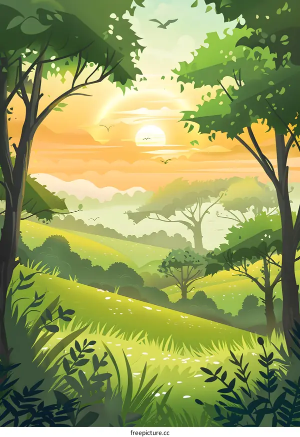 Sunrise Over Green Hills and Lush Forests